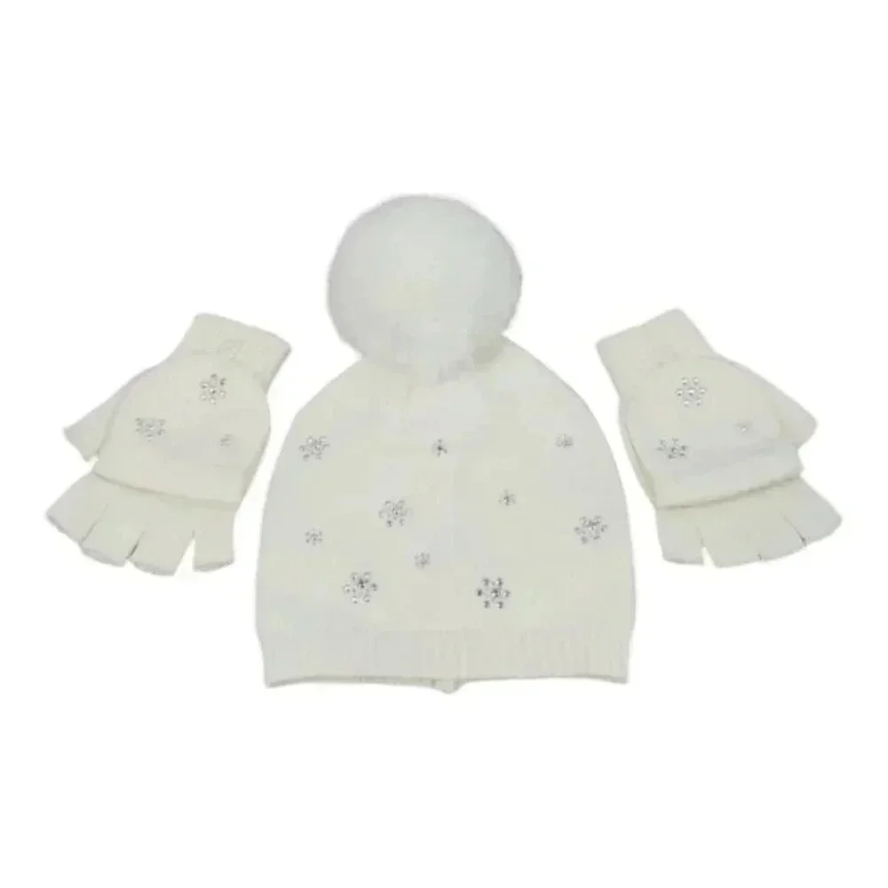 Girls White/Cream Sparkly Snowflake Knit Hat Beanie with Fingerless Glove set